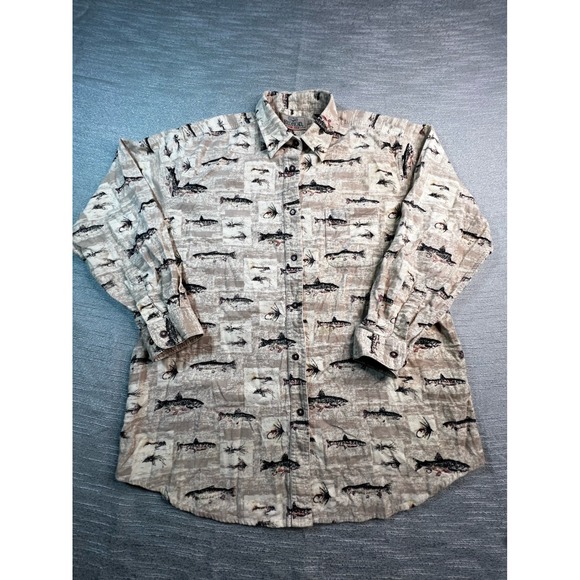 RedHead Tops - RedHead For Her Tan Corduroy Fishing Trout Lure Print Button Down Shirt Large